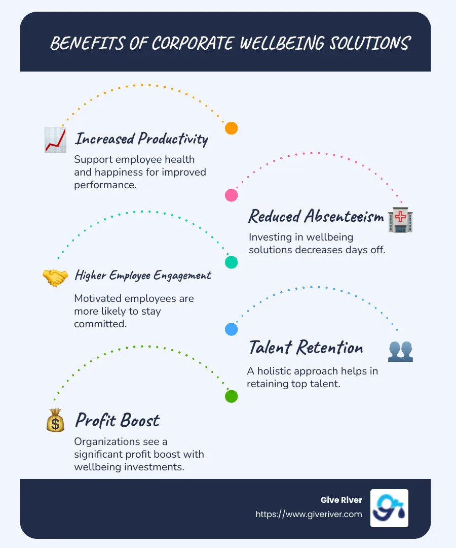 Illustration of the benefits of corporate wellbeing solutions, highlighting productivity increases and employee engagement - corporate wellbeing solutions infographic infographic-line-5-steps-blues-accent_colors