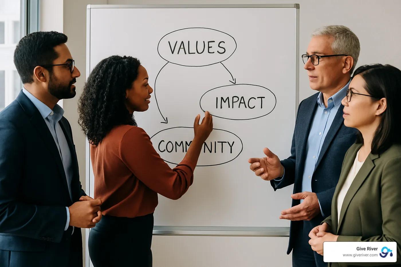 diverse leadership team brainstorming around a whiteboard with words like Values, Impact, and Community - purpose driven workplace