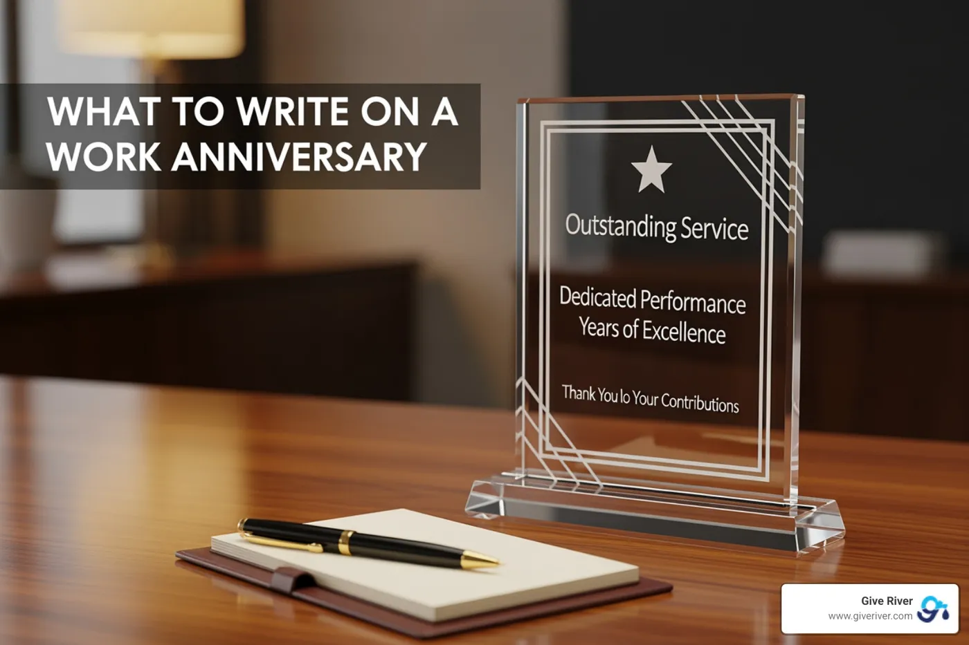 modern crystal award with engraved text - what to write on work anniversary award