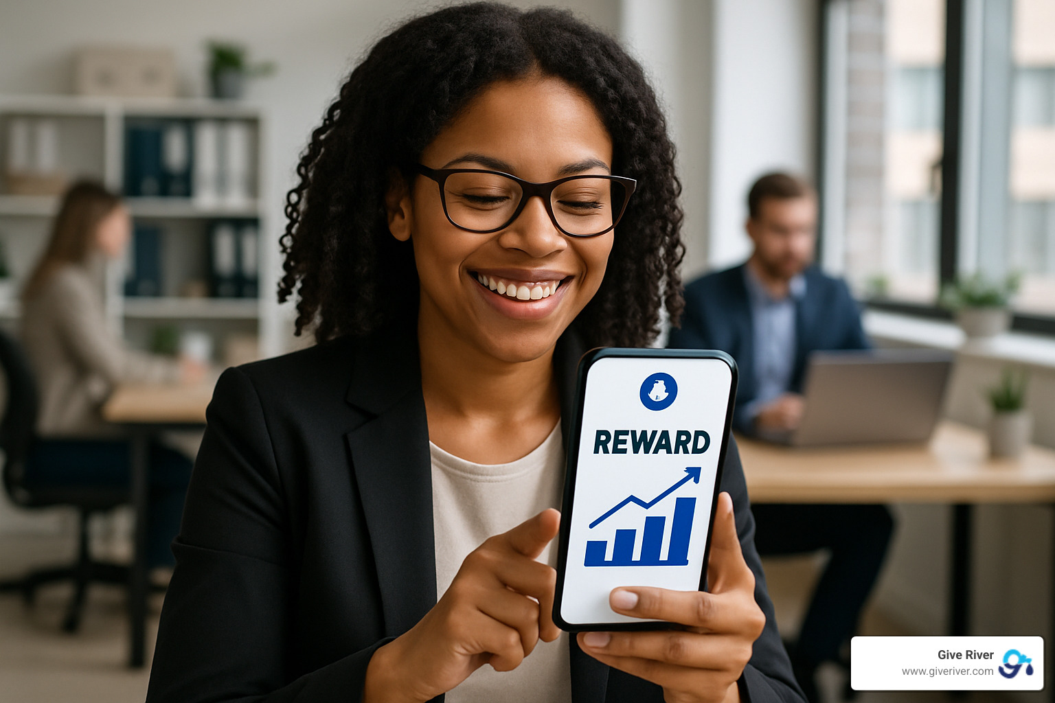 Employee receiving digital rewards on smartphone with visible increase in engagement metrics - digital rewards platform