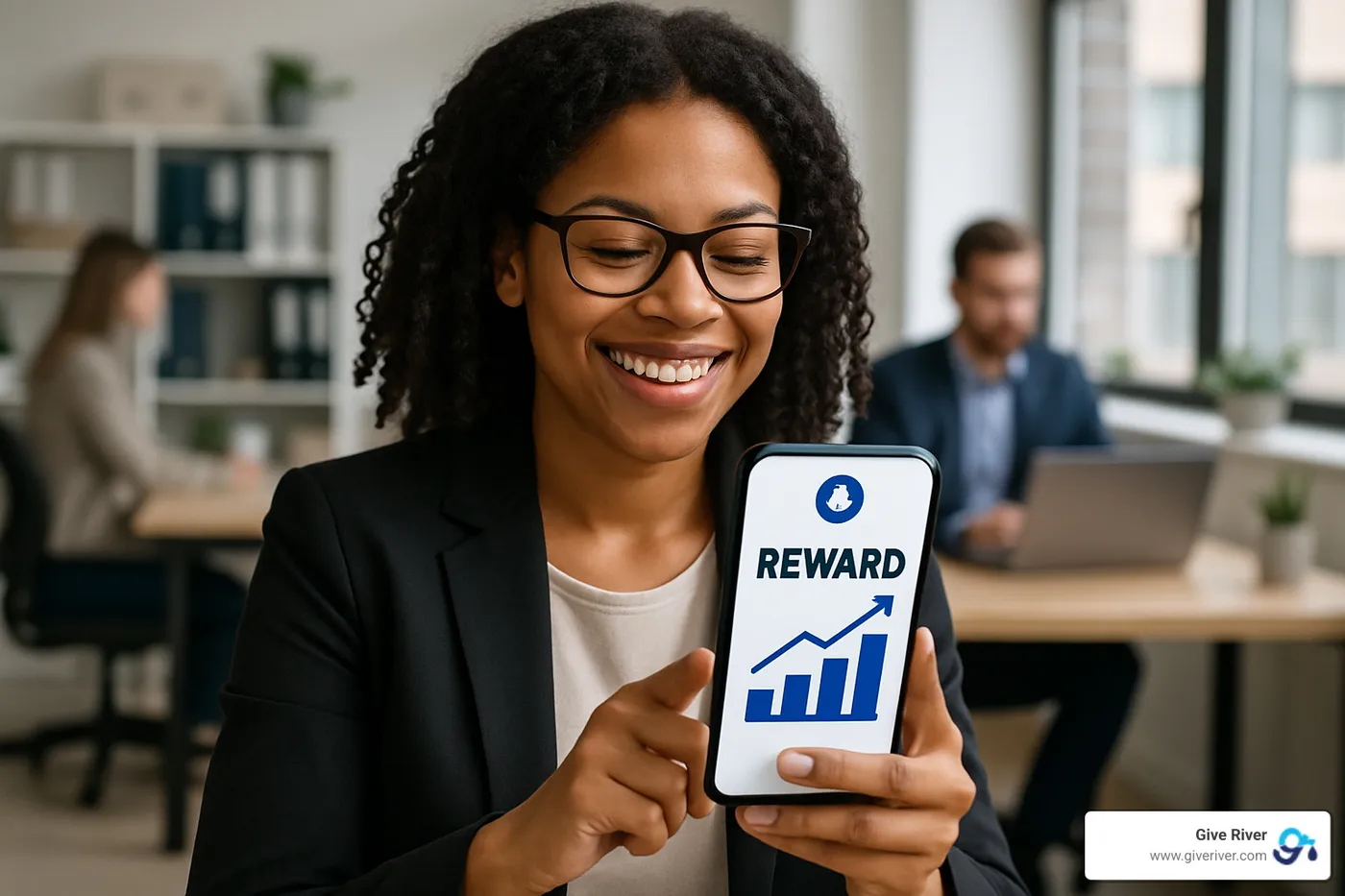 Employee receiving digital rewards on smartphone with visible increase in engagement metrics - digital rewards platform