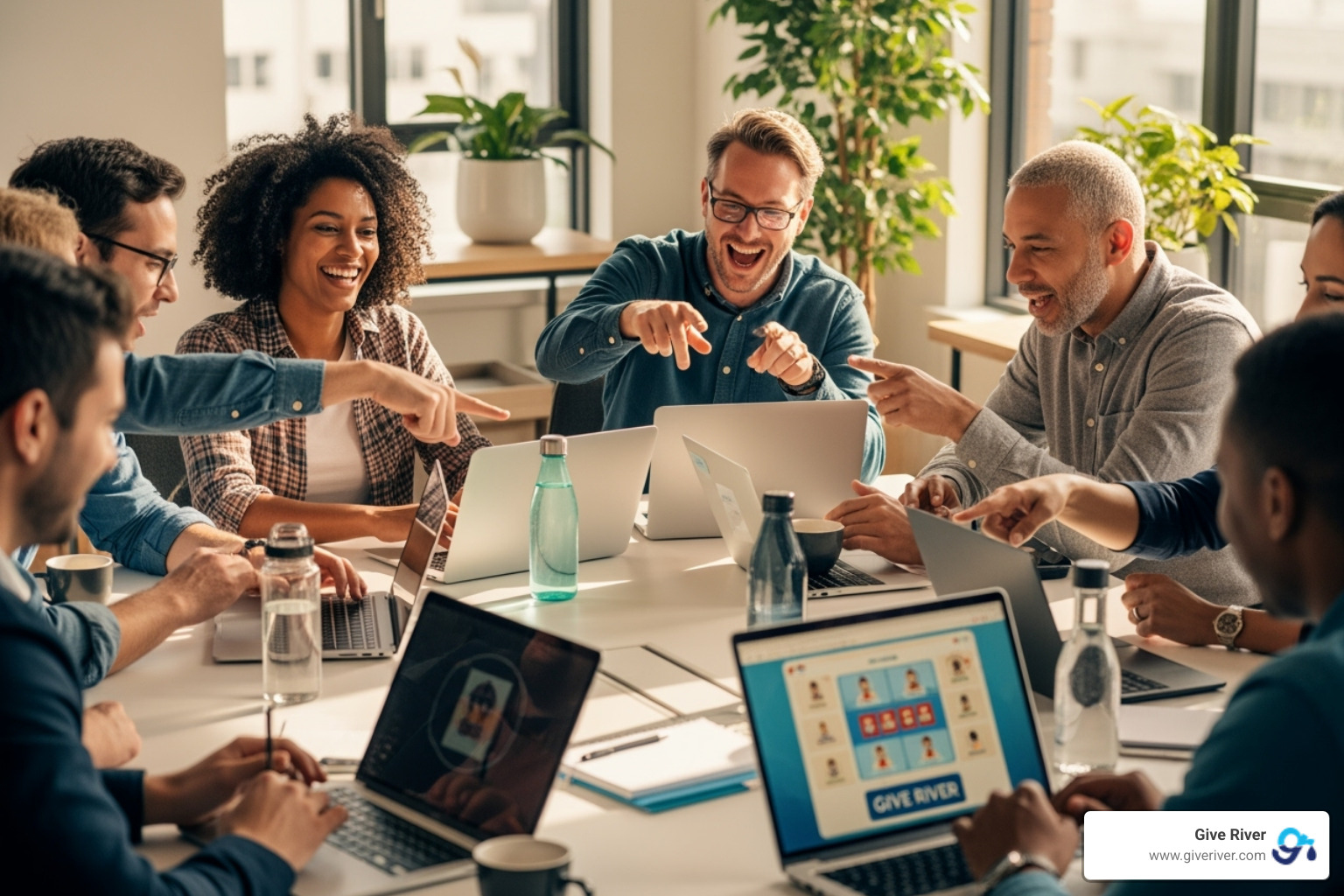 An image of a diverse group of employees laughing and interacting during a virtual team building game on their laptops, with the Give River logo subtly visible in the corner of the screen - fun games to play with work team online