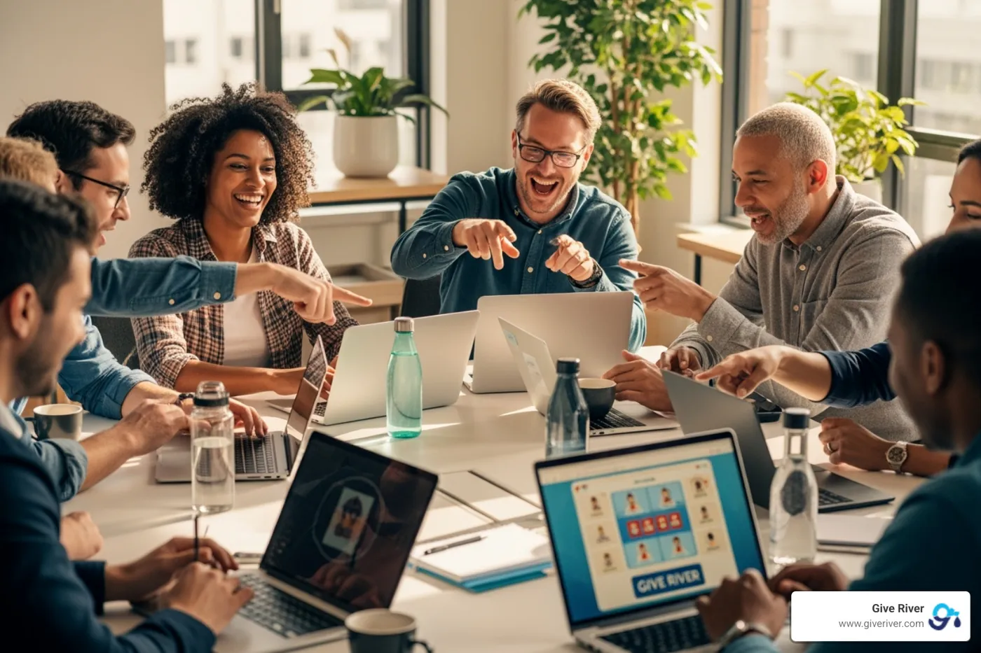 An image of a diverse group of employees laughing and interacting during a virtual team building game on their laptops, with the Give River logo subtly visible in the corner of the screen - fun games to play with work team online