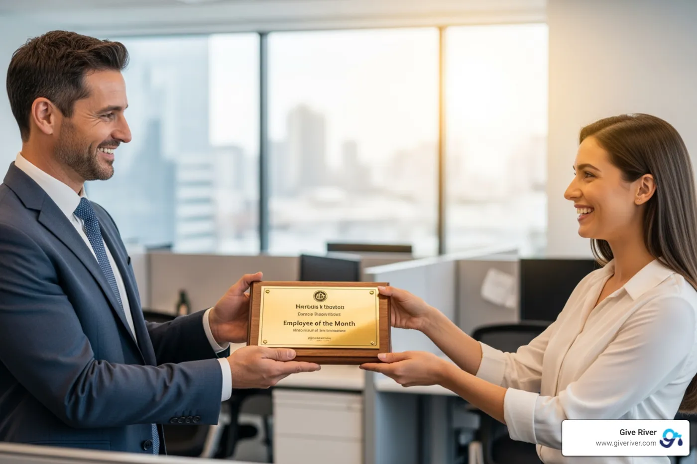 manager giving personalized award to employee - employee reward and recognition