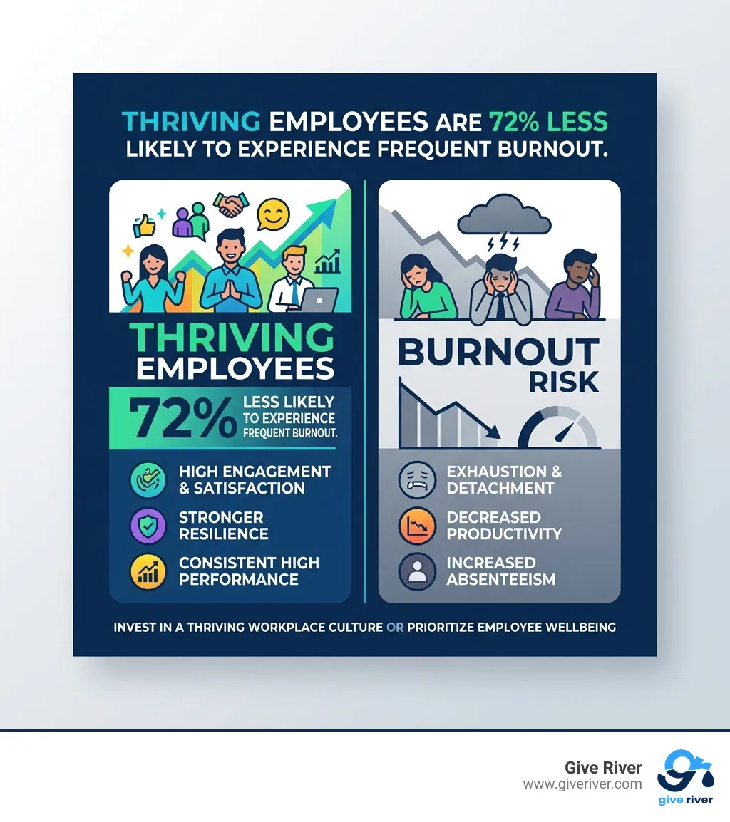 Infographic showing that thriving employees are 72% less likely to experience frequent burnout - employee wellbeing