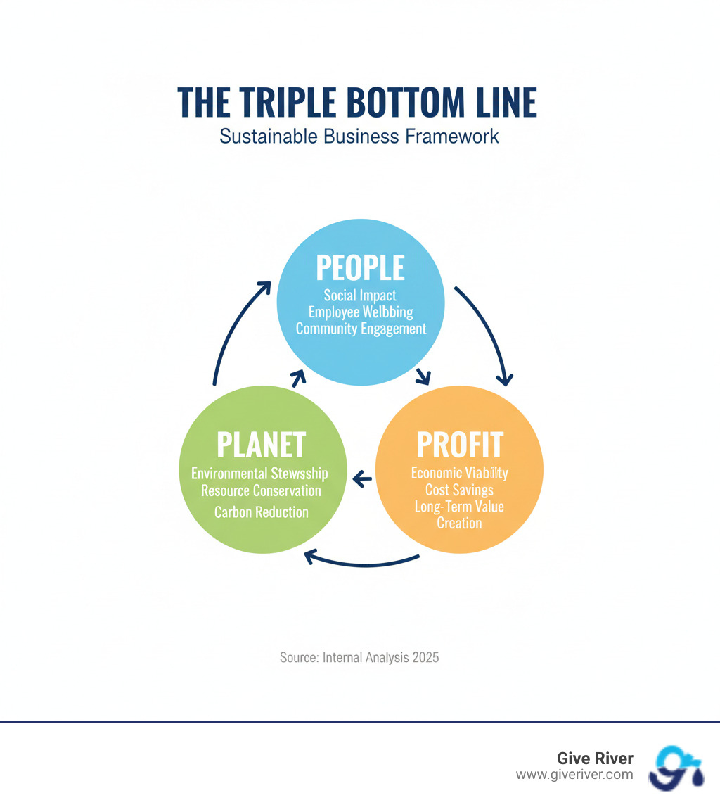 Infographic showing the Triple Bottom Line framework with three interconnected circles labeled People (social impact, employee wellbeing, community engagement), Planet (environmental stewardship, resource conservation, carbon reduction), and Profit (economic viability, cost savings, long-term value creation), with arrows showing how each element reinforces the others - Sustainable business practices infographic 
