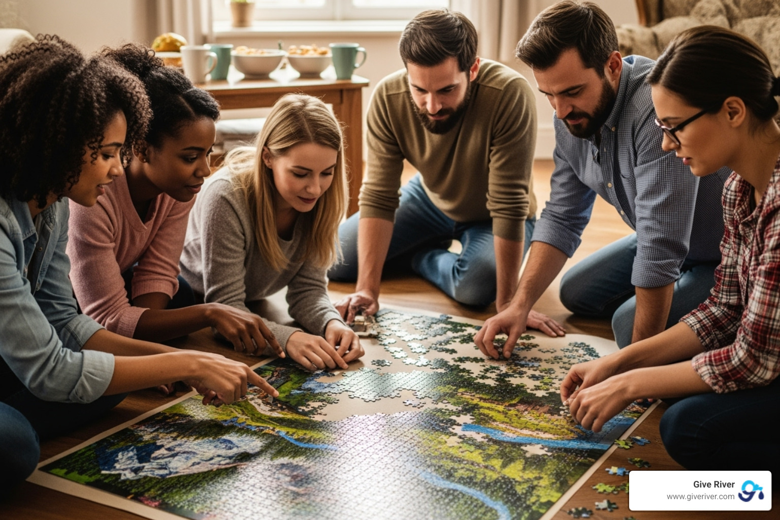 team collaborating on a large floor puzzle - amazing race challenges for team building