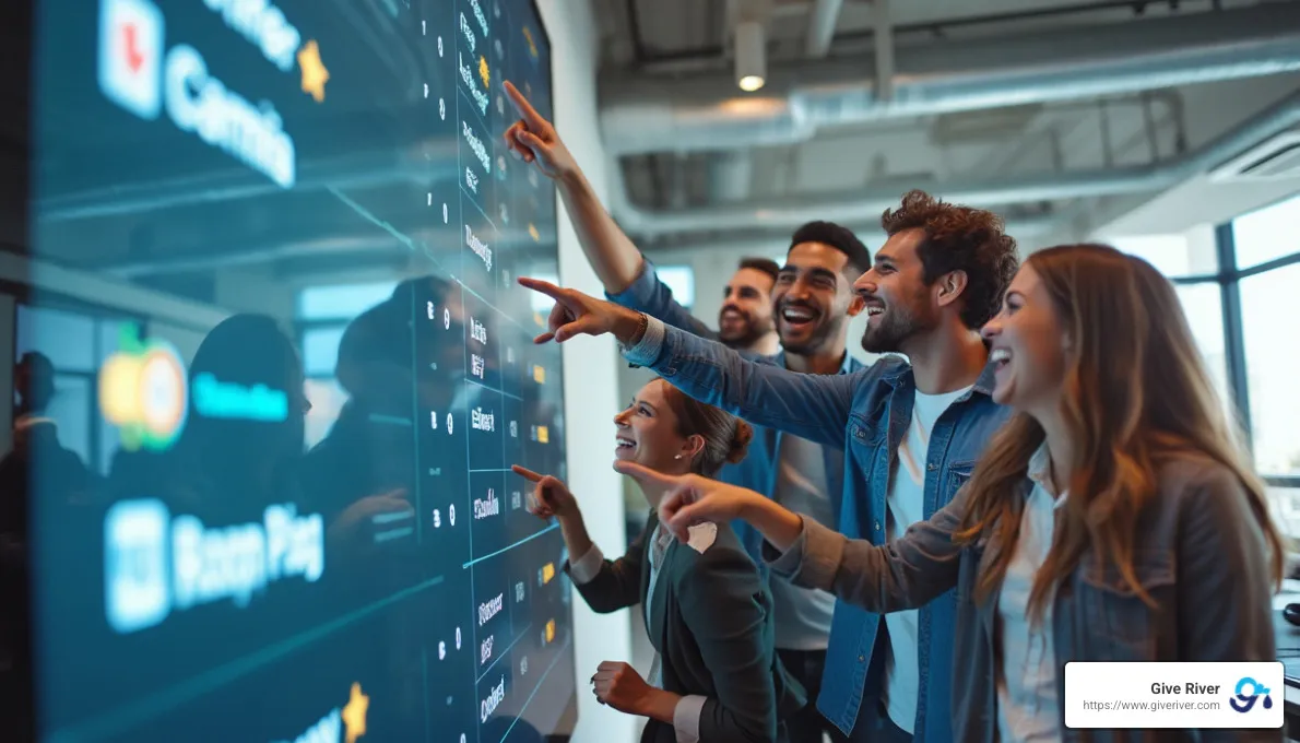 employees engaged with digital leaderboard - benefits of gamification in the workplace