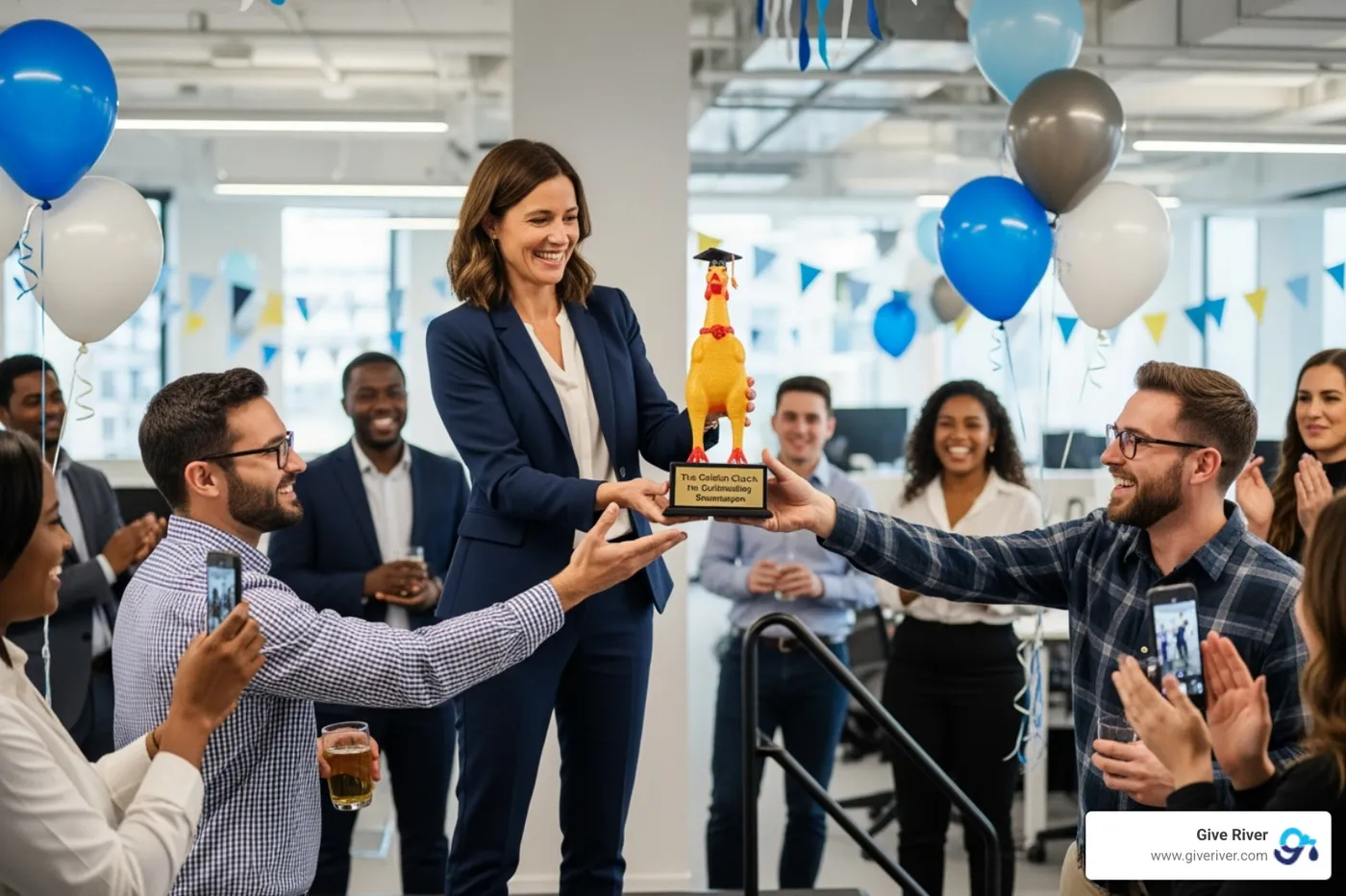 manager presenting funny award to employee - funny work awards
