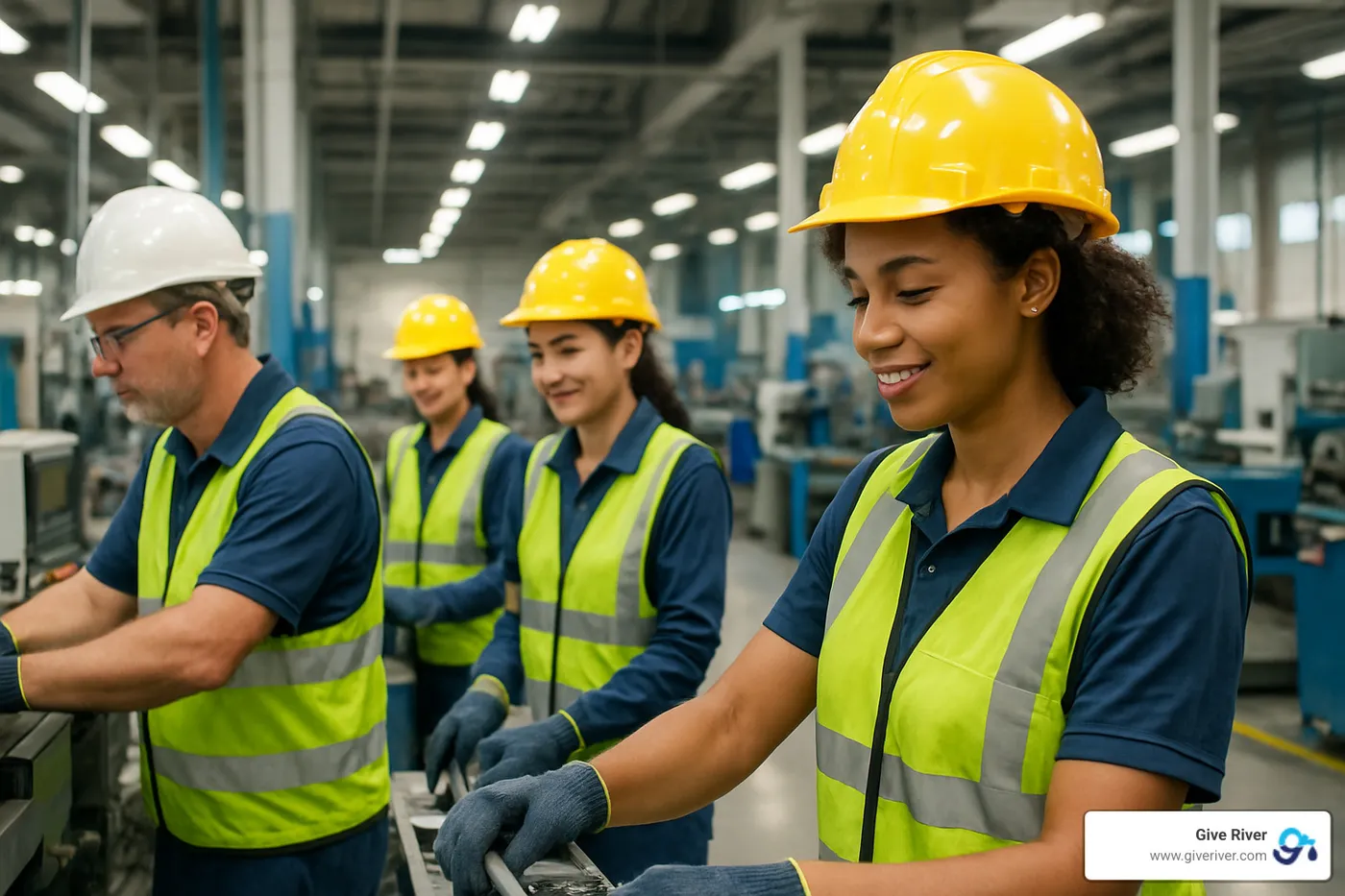 fair-labor factory with diverse workers in safe conditions - what are three ways businesses demonstrate corporate social responsibility