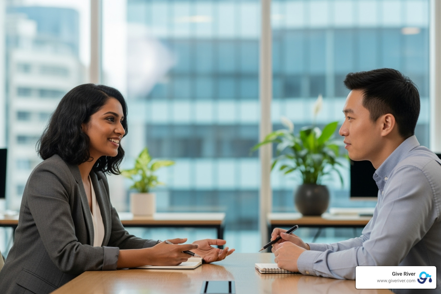 a manager and employee having a positive one-on-one conversation - staff appreciation ideas