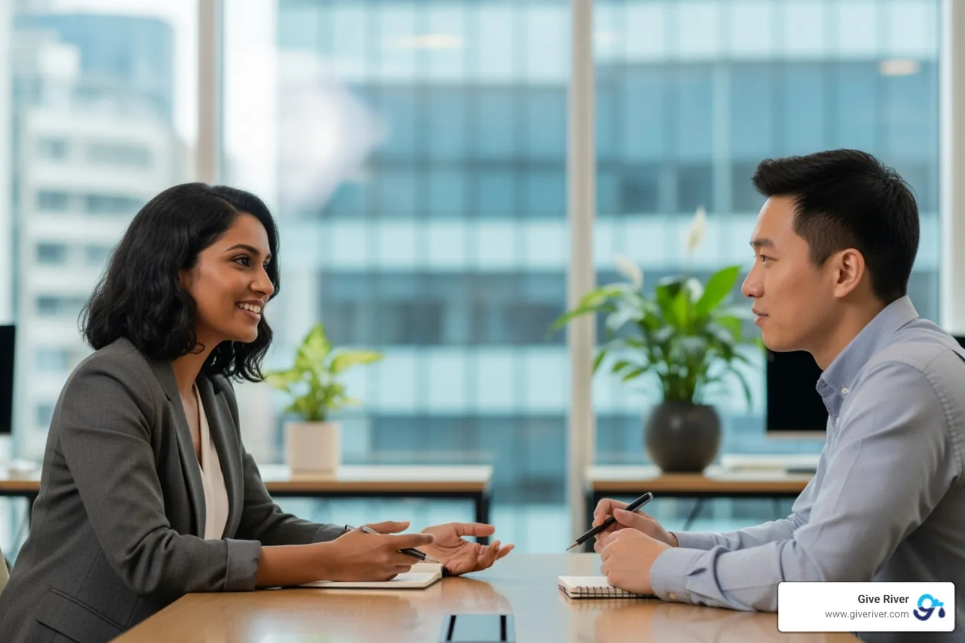 a manager and employee having a positive one-on-one conversation - staff appreciation ideas