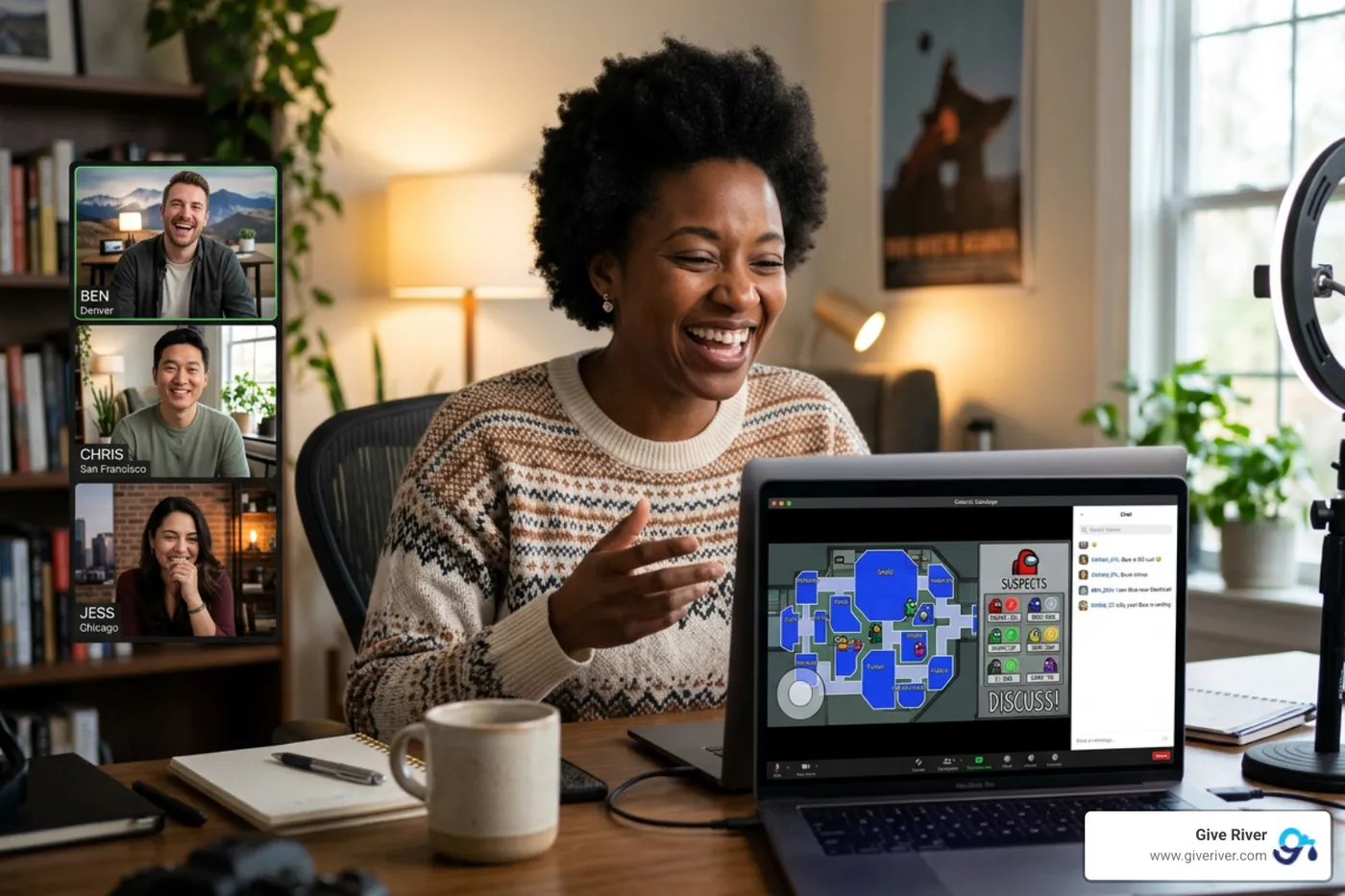 remote team playing a social deduction game on a video call - online games to play in office