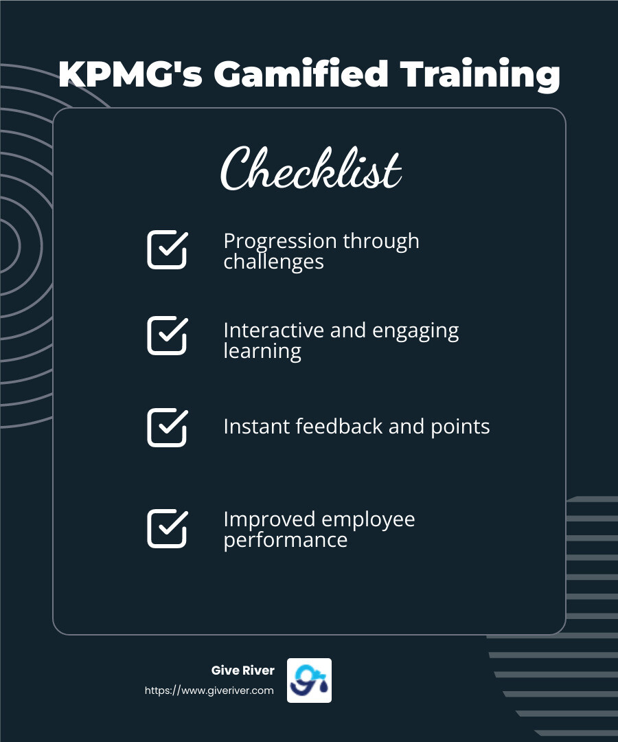 KPMG's gamified training led to improved employee performance - employee engagement through gamification infographic checklist-dark-blue