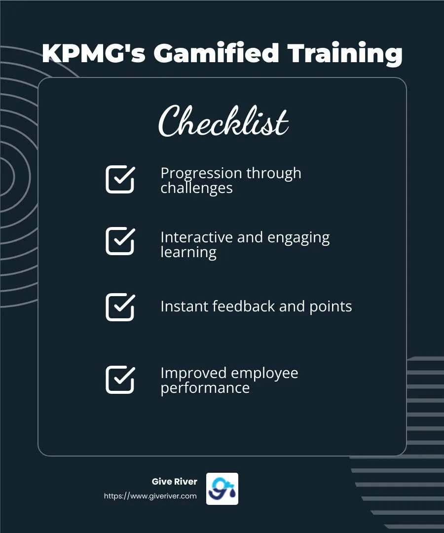 KPMG's gamified training led to improved employee performance - employee engagement through gamification infographic checklist-dark-blue