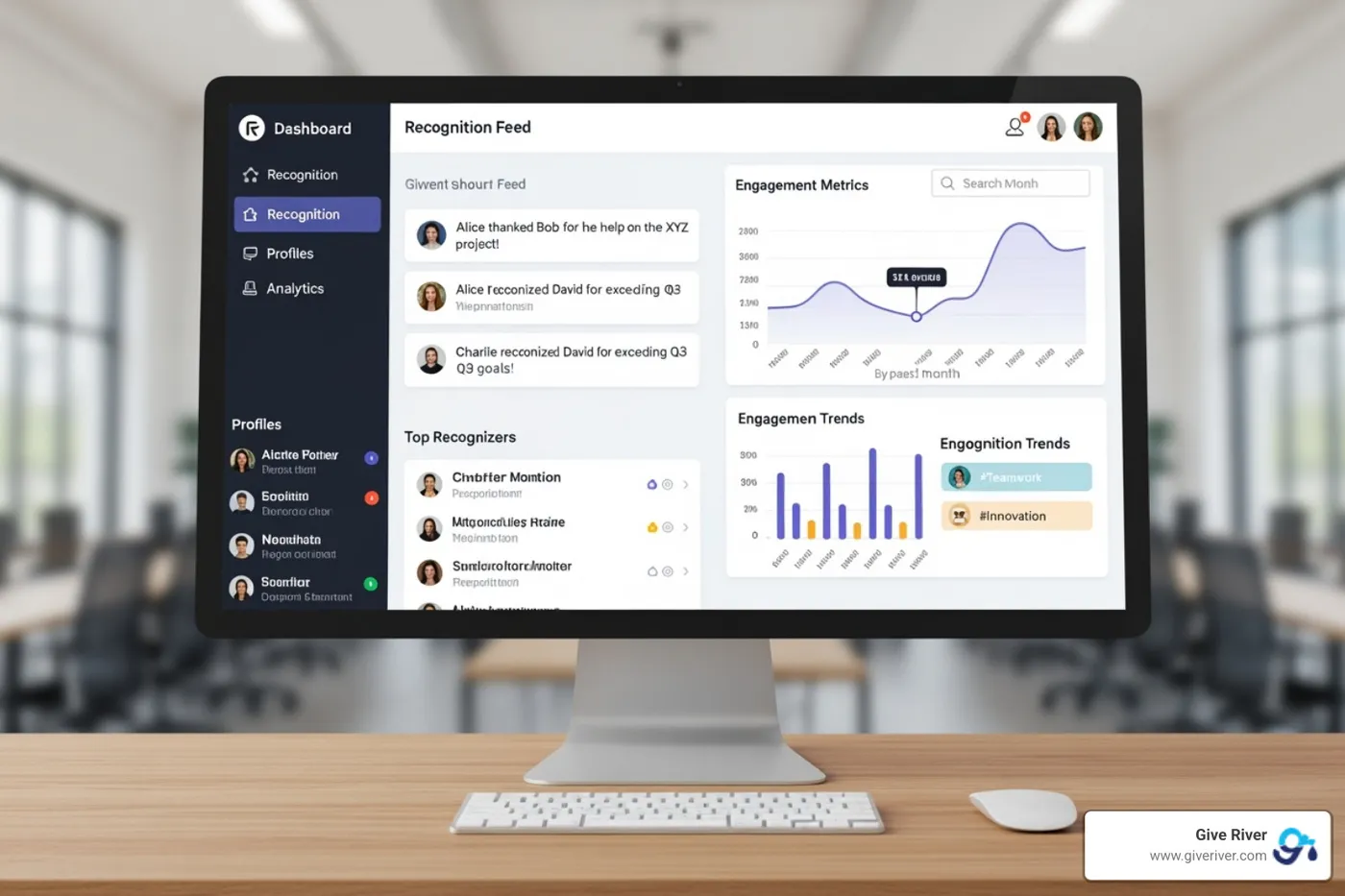 Give River platform dashboard showing various recognition activities and employee profiles - employee achievement awards