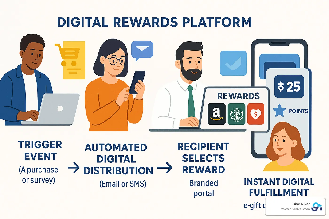 Digital rewards platform workflow showing trigger, distribution, selection and fulfillment - digital rewards platform