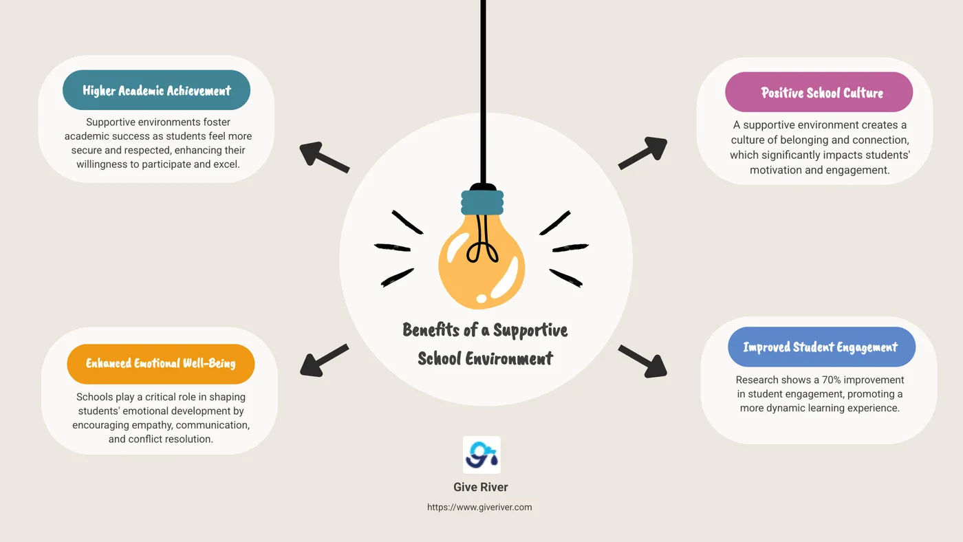 Infographic showing the benefits of a supportive school environment: higher academic achievement, improved emotional well-being, and a positive school culture. It includes a pie chart showing 70% improvement in student engagement, a bar graph showing a 50% decrease in disciplinary actions, and an icon display illustrating key social skills like empathy and communication, all in shades of green and blue with a school background. - building a supportive environment infographic brainstorm-4-items