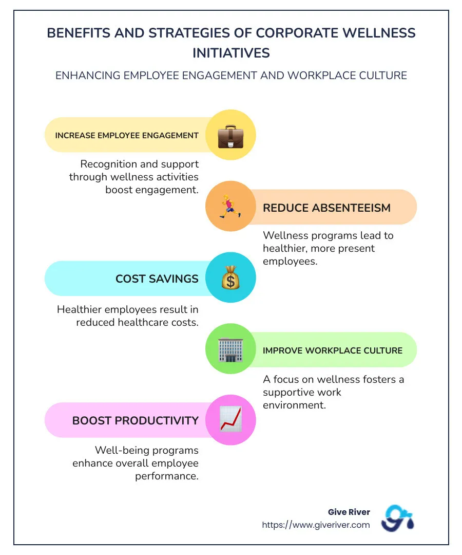 Detailed infographic about benefits and strategies of corporate wellness initiatives, including increased employee engagement, reduced absenteeism, cost savings, and improved workplace culture - corporate wellness initiatives infographic infographic-line-5-steps-colors