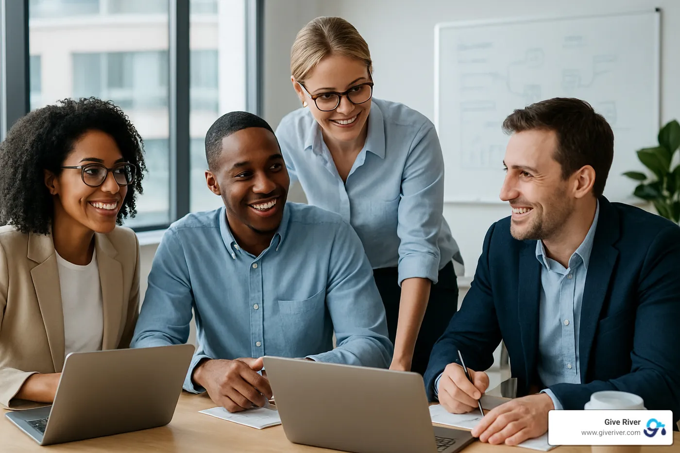 diverse team collaborating in modern office setting - purpose driven workplace