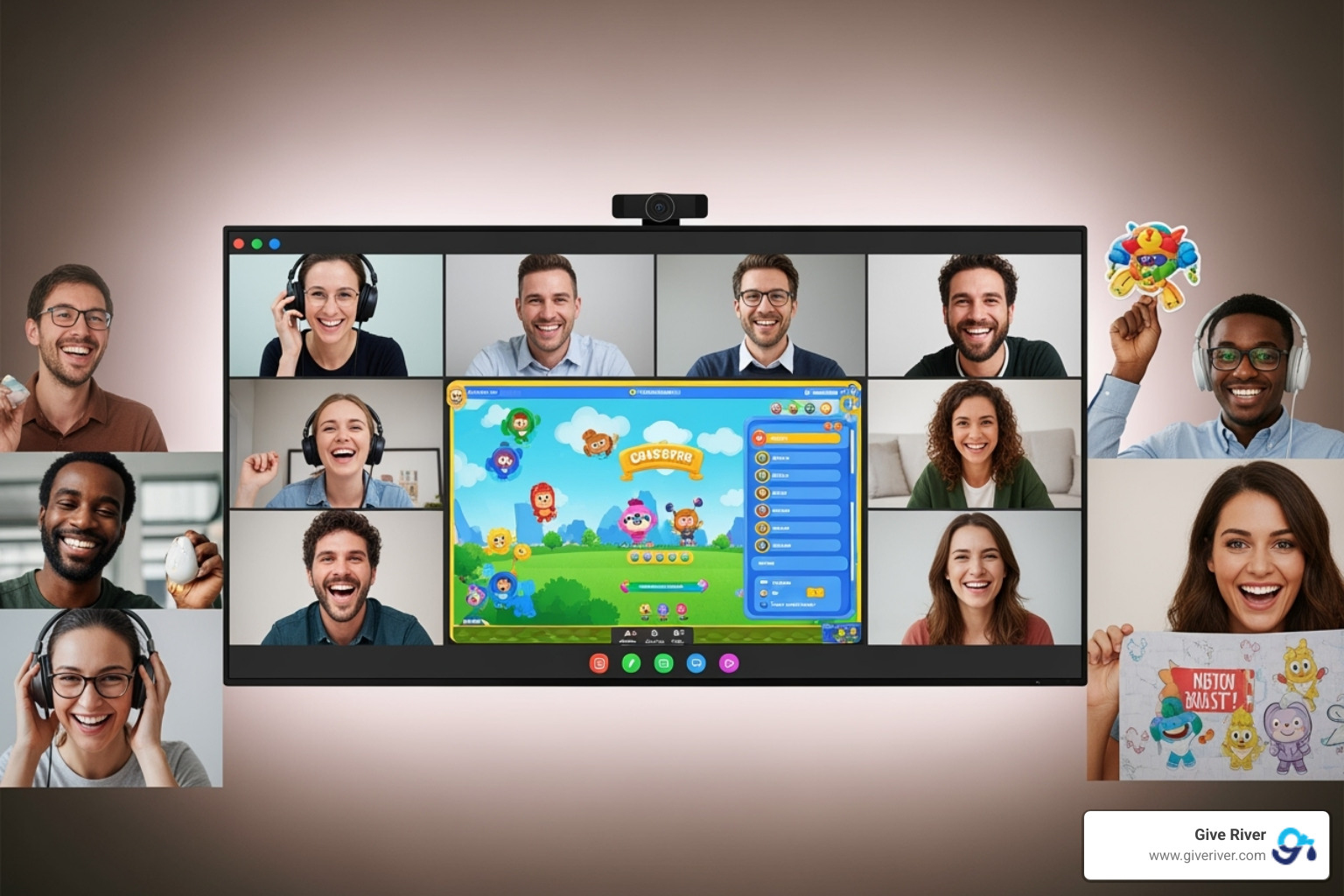 A diverse group of people on a video call sharing laughs during a Give River activity, with a playful online game interface visible on a shared screen. - online group games