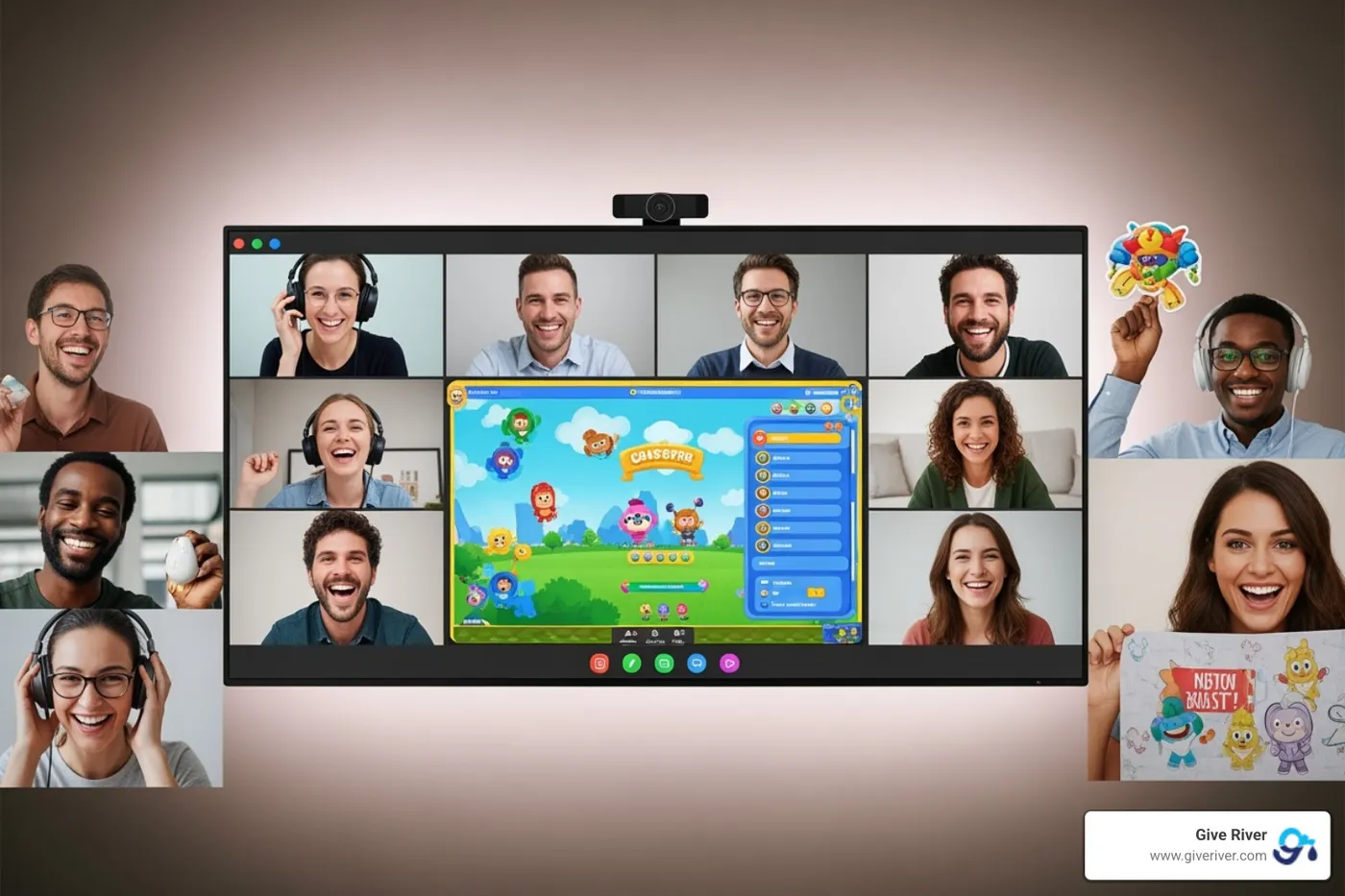 A diverse group of people on a video call sharing laughs during a Give River activity, with a playful online game interface visible on a shared screen. - online group games