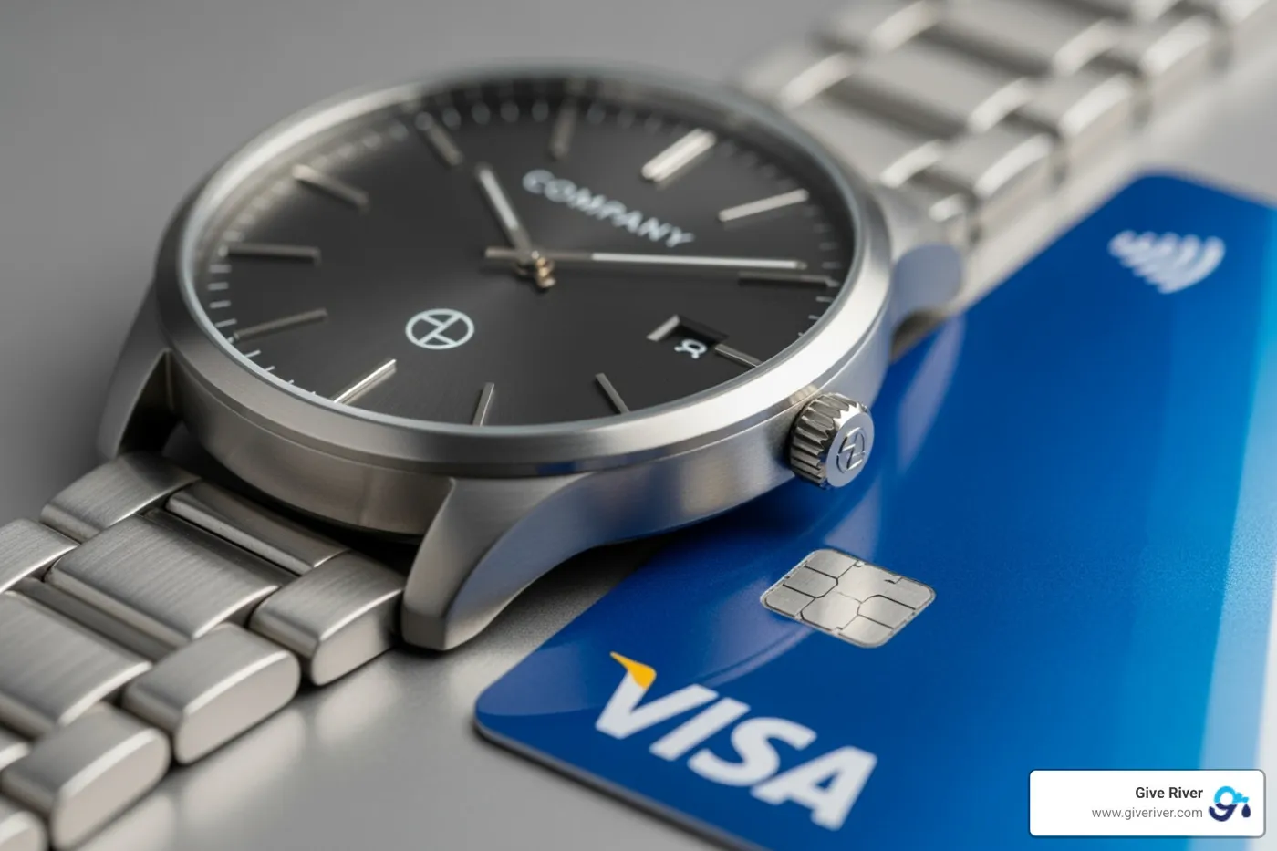 A branded company watch next to a generic visa gift card, illustrating the difference between tangible personal property and a cash equivalent - employee achievement awards