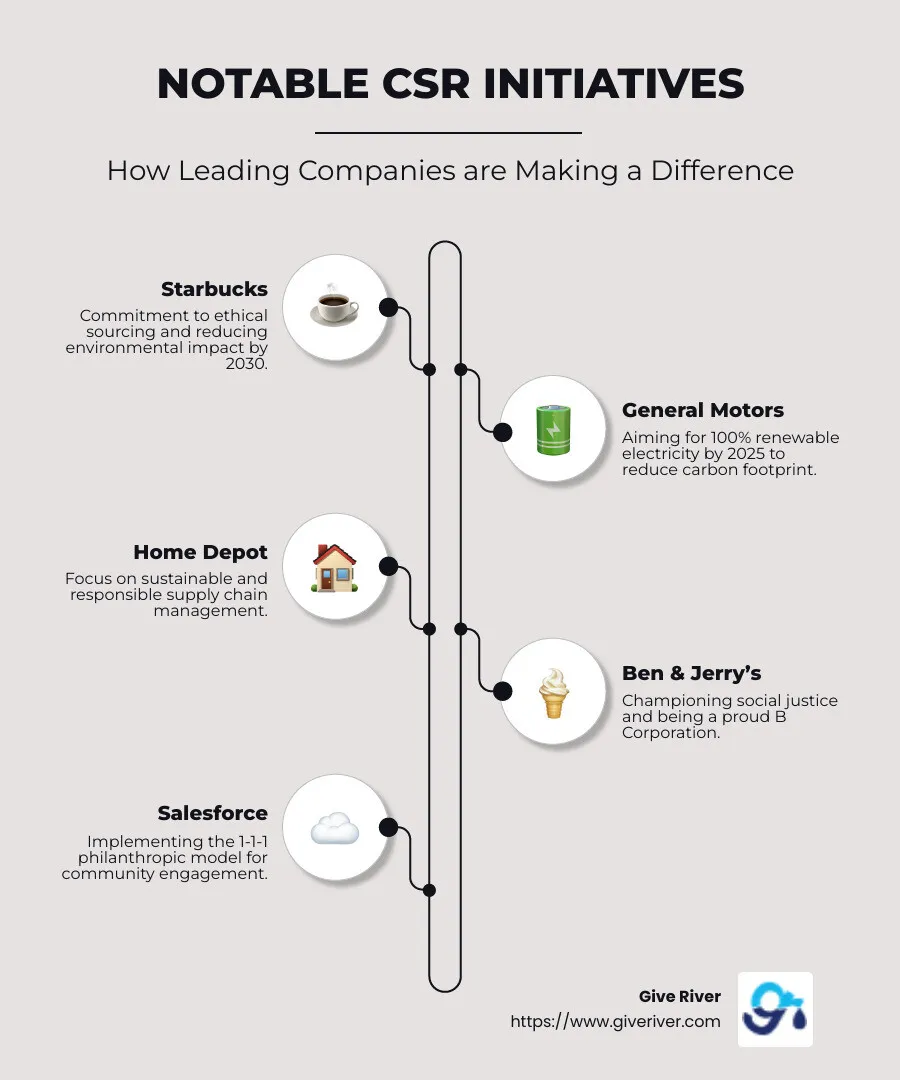 CSR examples: infographic of companies with notable CSR initiatives with logos of Starbucks, General Motors, Home Depot, Ben & Jerry's, and Salesforce - csr examples infographic infographic-line-5-steps-neat_beige