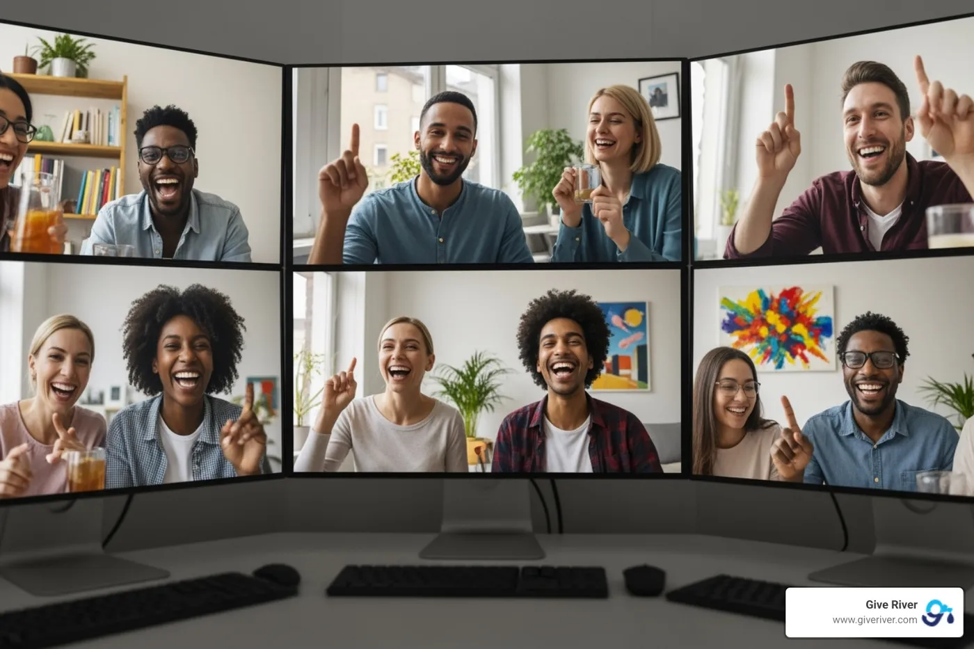 Team laughing during a virtual happy hour or game - virtual wellness challenge ideas