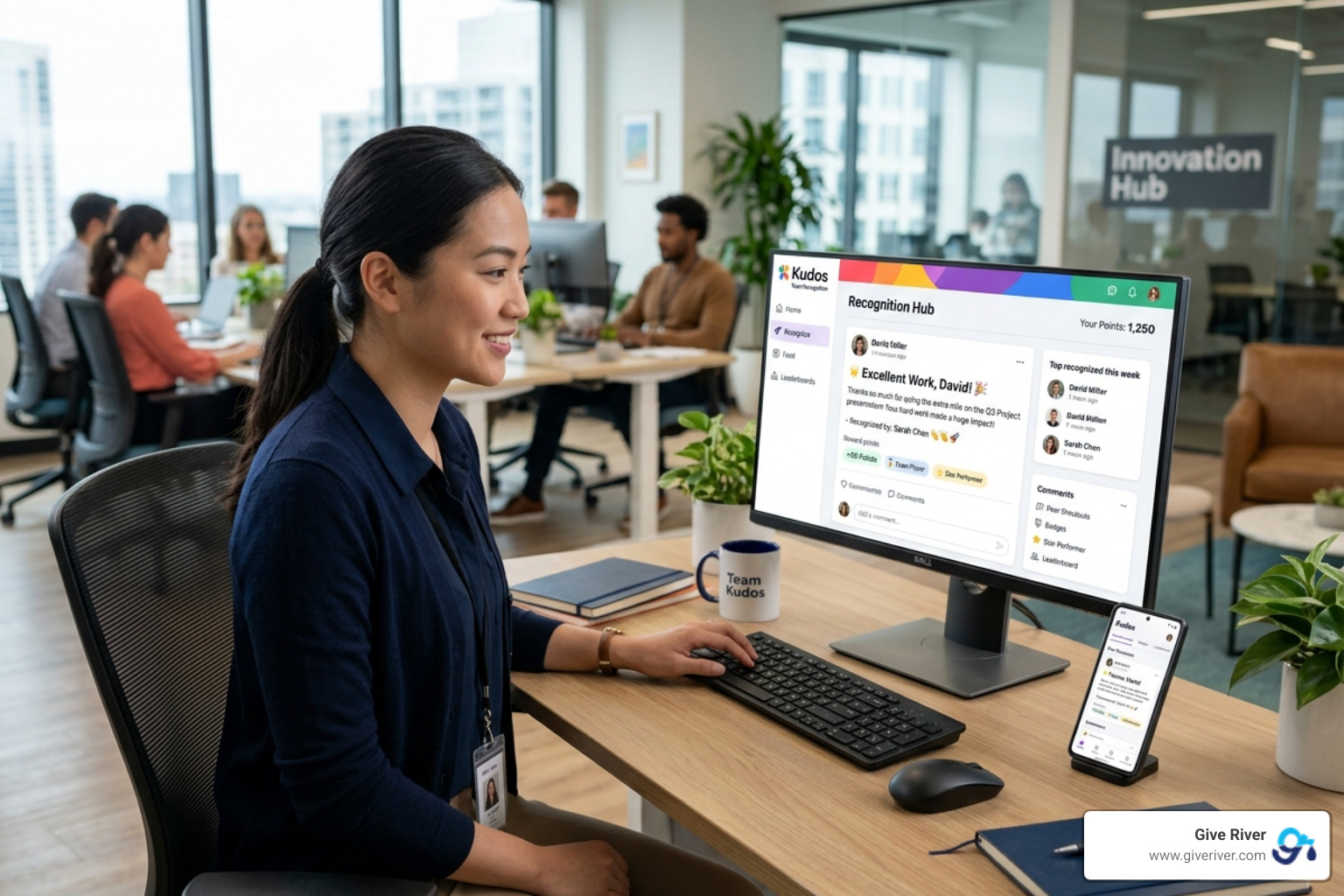 Digital recognition platform showing peer shoutouts and rewards - employee recognition program names