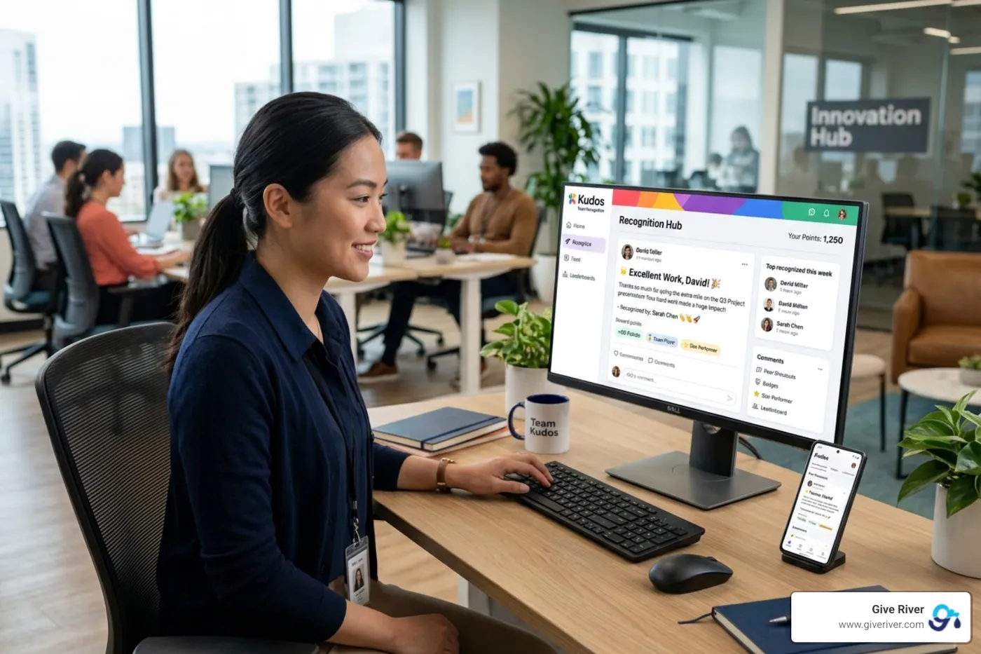 Digital recognition platform showing peer shoutouts and rewards - employee recognition program names