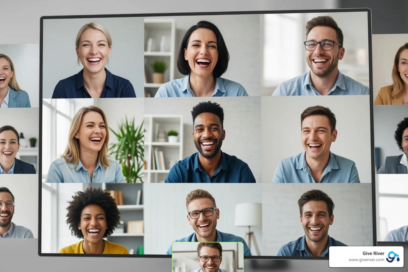 team laughing together during a virtual meeting icebreaker - team bonding exercise
