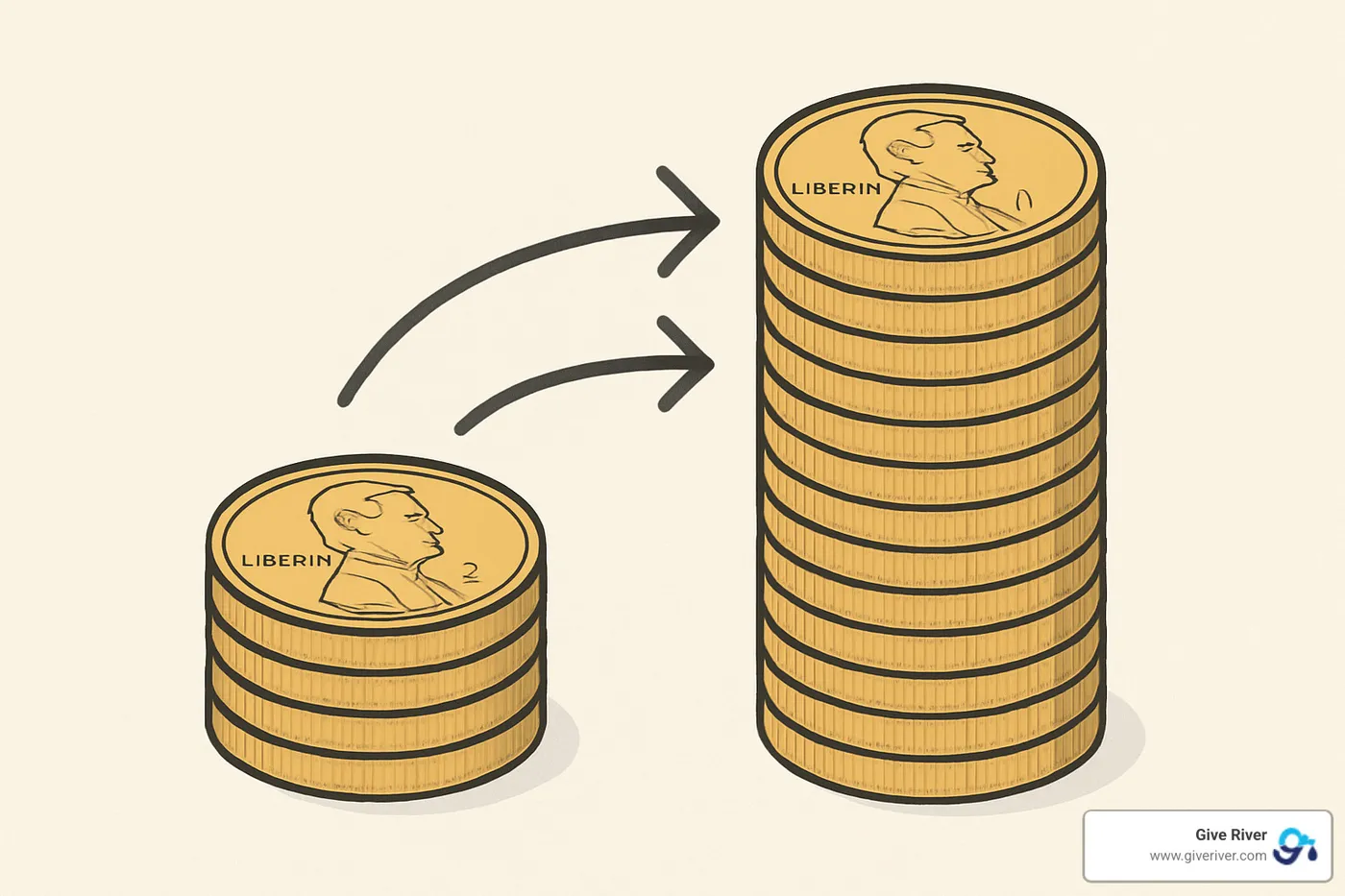 Stacked coins doubling with arrows showing matching gift impact - company matching gift programs