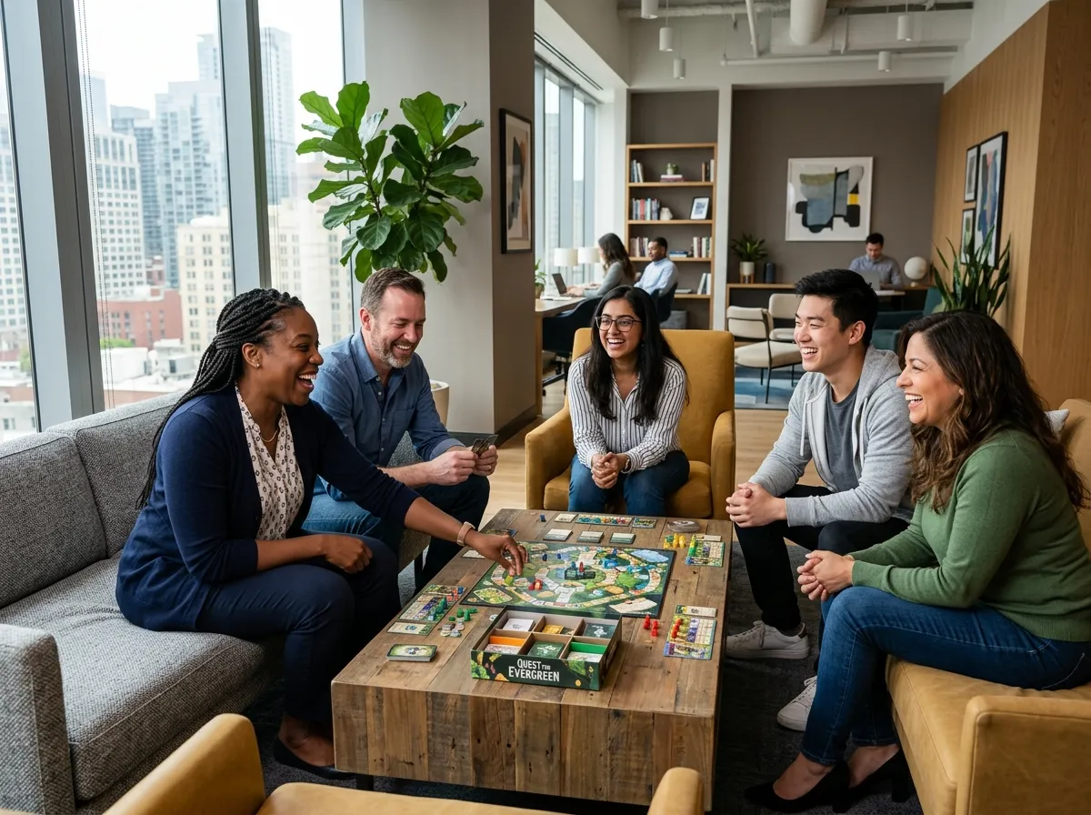A team of coworkers laughing while playing a board game in a modern office lounge - fun team bonding activities for work