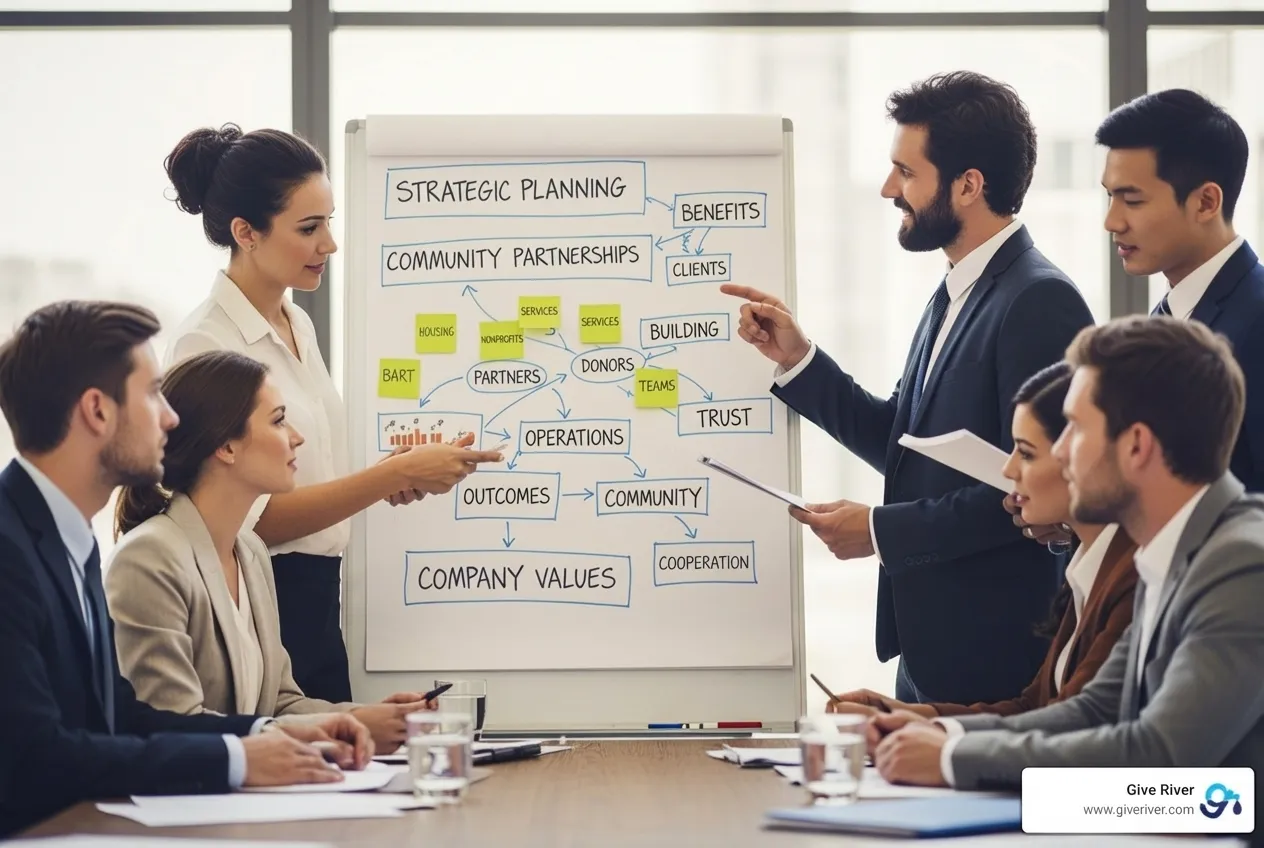 team collaborating around a whiteboard with notes about community partners and company values - corporate community involvement programs