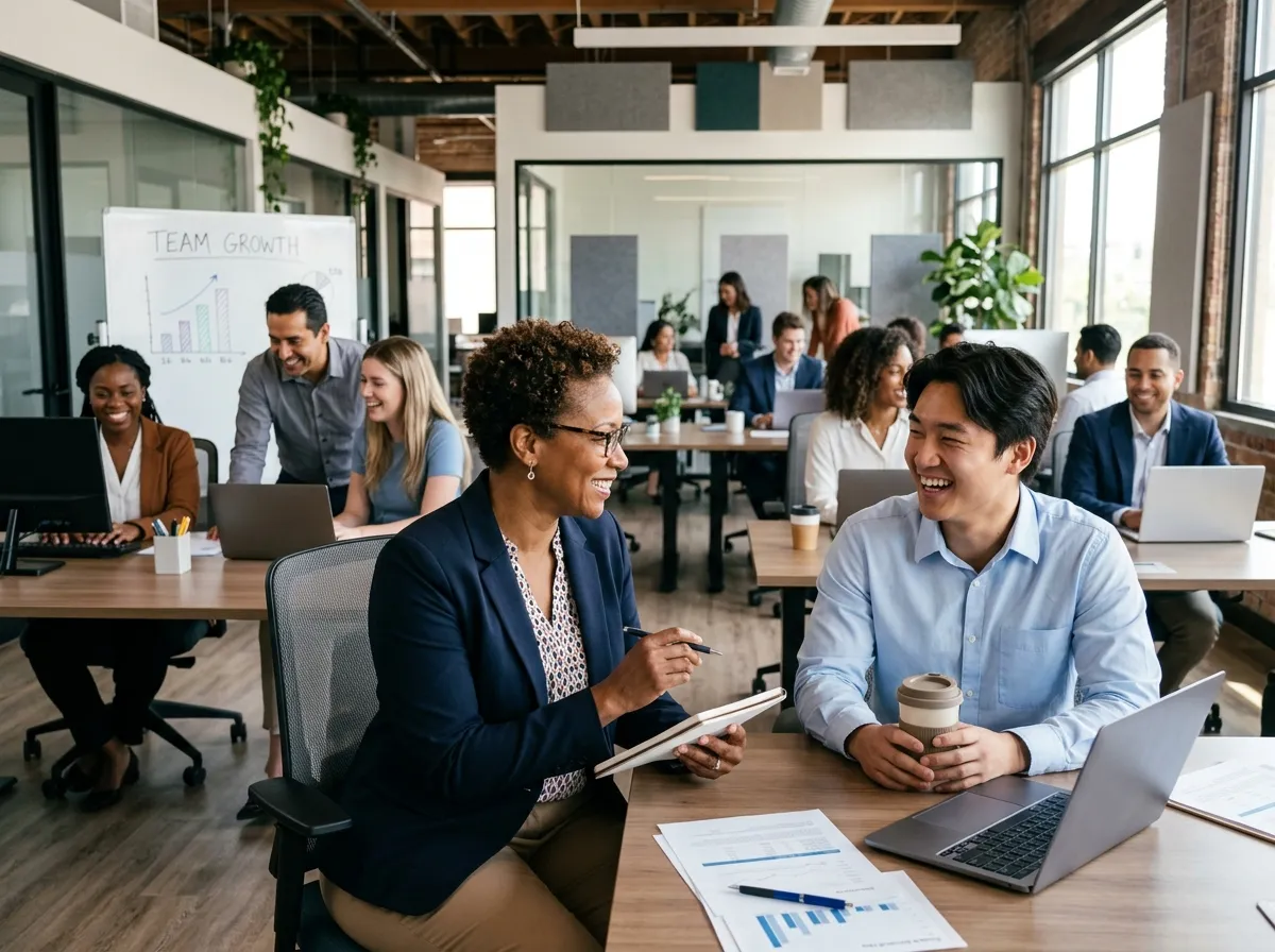Manager providing positive feedback to an employee in a modern office - performance appraisal and reward system