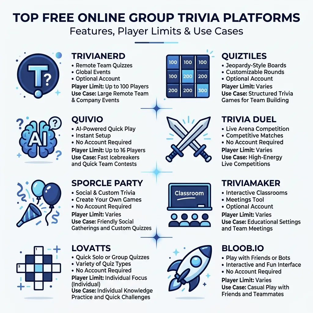 Infographic showing top free online group trivia platforms, key features, player limits, and use cases - free online group