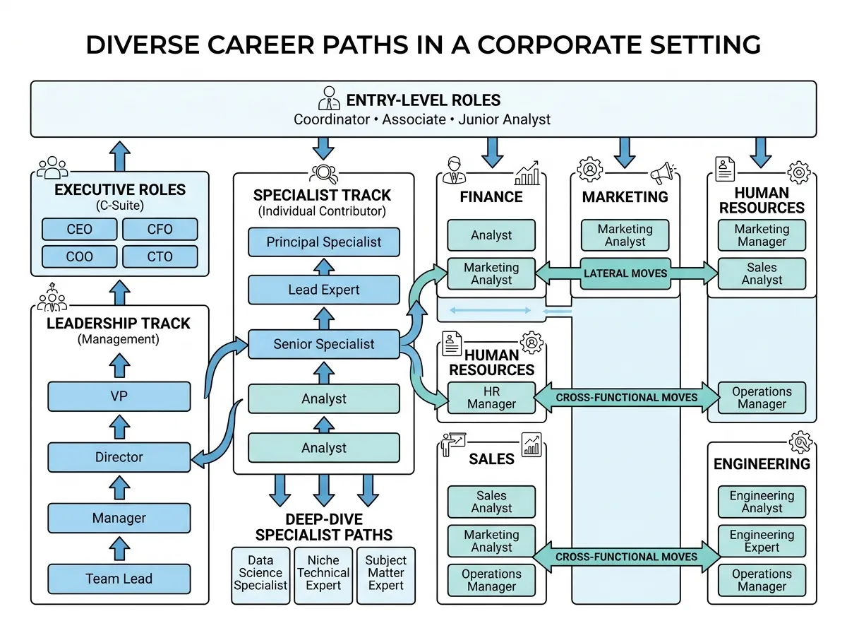 Flowchart showing diverse career paths like lateral moves, leadership tracks, and specialist roles - career development