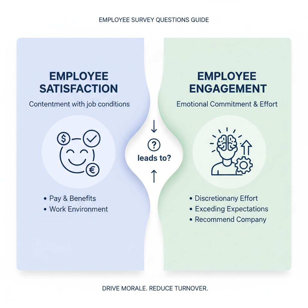 Infographic showing the difference between employee satisfaction and employee engagement, with satisfaction defined as contentment with job conditions like pay and benefits, and engagement defined as emotional commitment demonstrated through discretionary effort, motivation to exceed expectations, and willingness to recommend the company - employee survey questions infographic