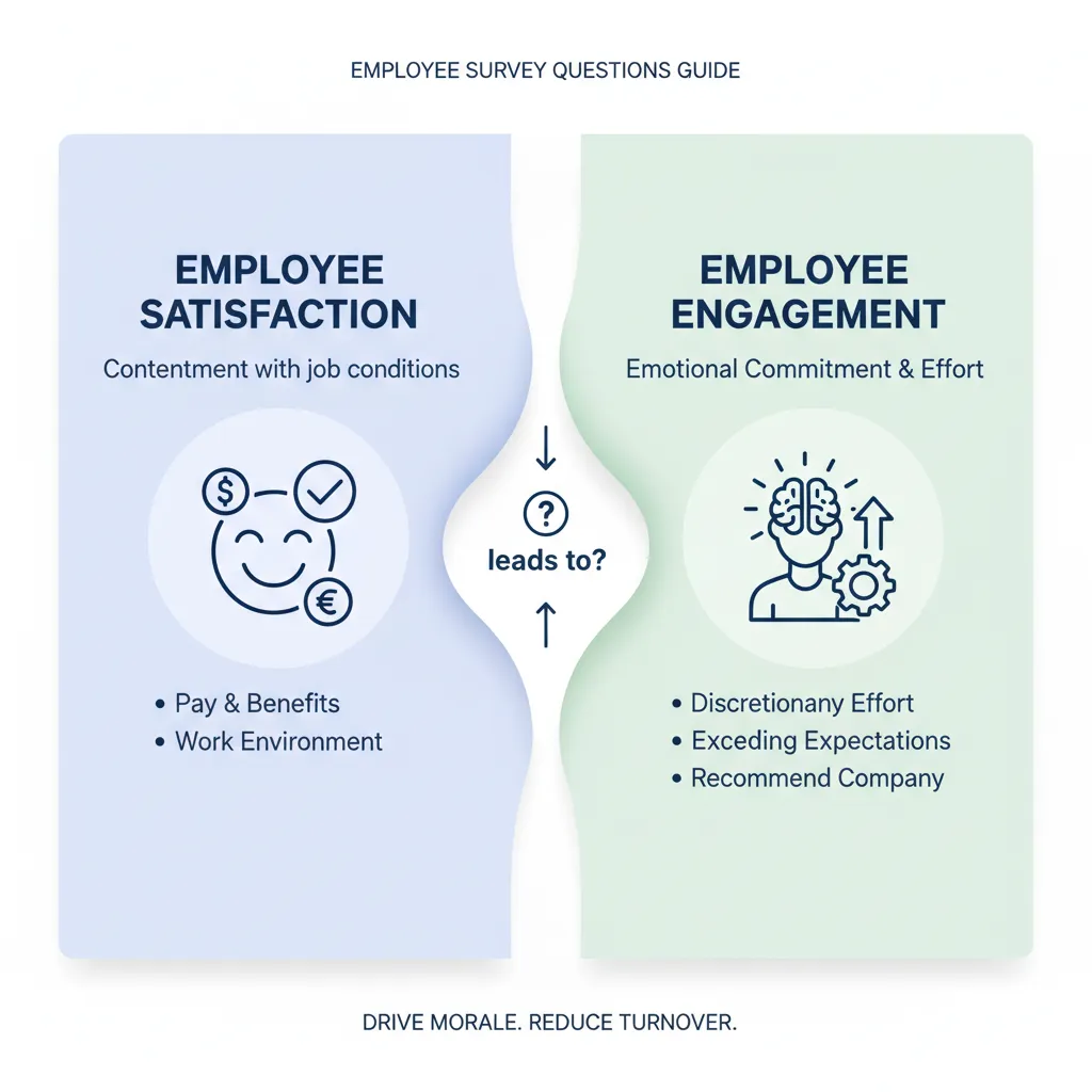 Infographic showing the difference between employee satisfaction and employee engagement, with satisfaction defined as contentment with job conditions like pay and benefits, and engagement defined as emotional commitment demonstrated through discretionary effort, motivation to exceed expectations, and willingness to recommend the company - employee survey questions infographic