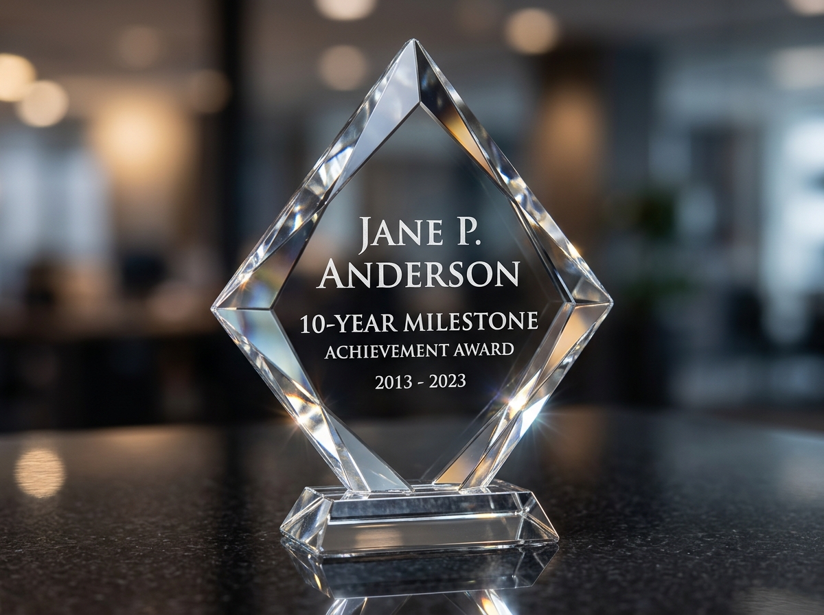 A stunning diamond-shaped crystal award engraved with an employee name and 10-year milestone - 10 year service award ideas