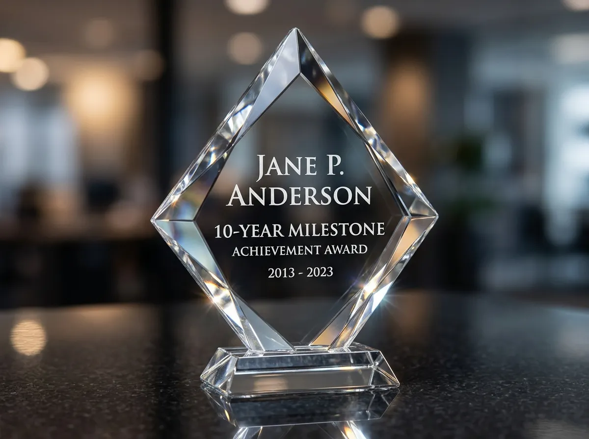 A stunning diamond-shaped crystal award engraved with an employee name and 10-year milestone - 10 year service award ideas