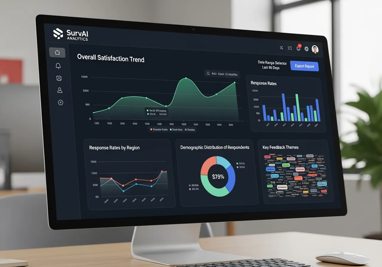 A dashboard showing survey analytics with various charts and graphs, indicating key trends and data points - employee survey questions