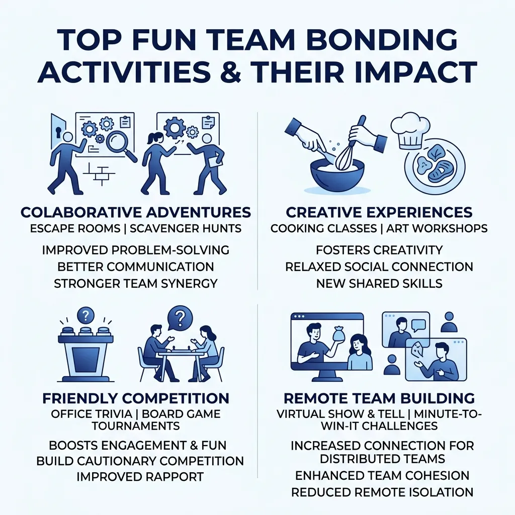 Infographic showing top fun team bonding activities for work and their impact on productivity and engagement - fun team