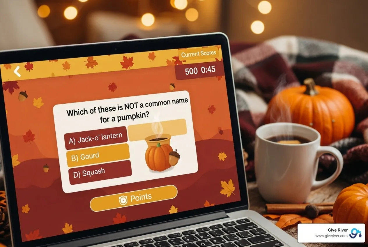 virtual trivia game screen with fall-themed questions - fall team building activities virtual free