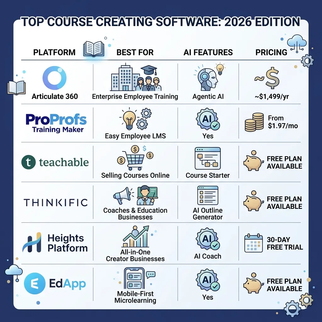 infographic showing top course creating software platforms compared by use case, AI features, and pricing - course creating