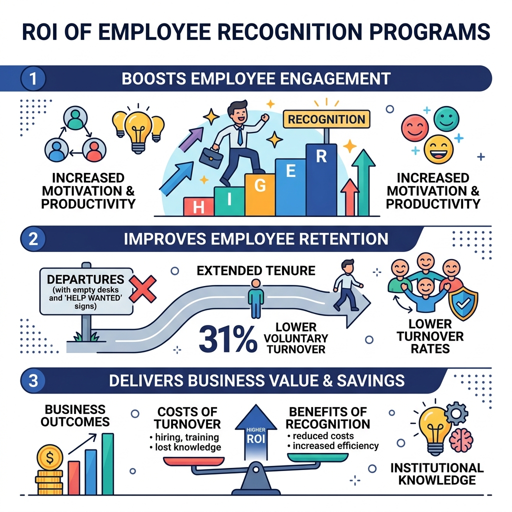 Infographic showing ROI of employee recognition programs including retention stats and engagement data - 10 year service