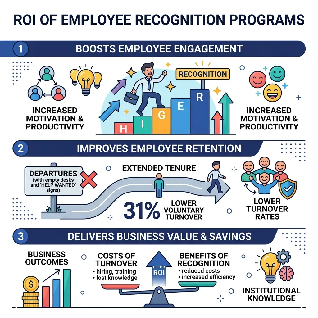 Infographic showing ROI of employee recognition programs including retention stats and engagement data - 10 year service