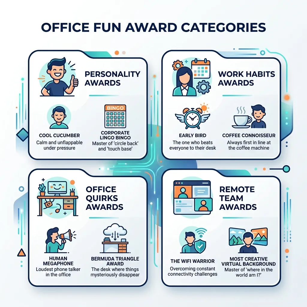 Infographic showing office fun award categories: personality, work habits, office quirks, and remote team awards with