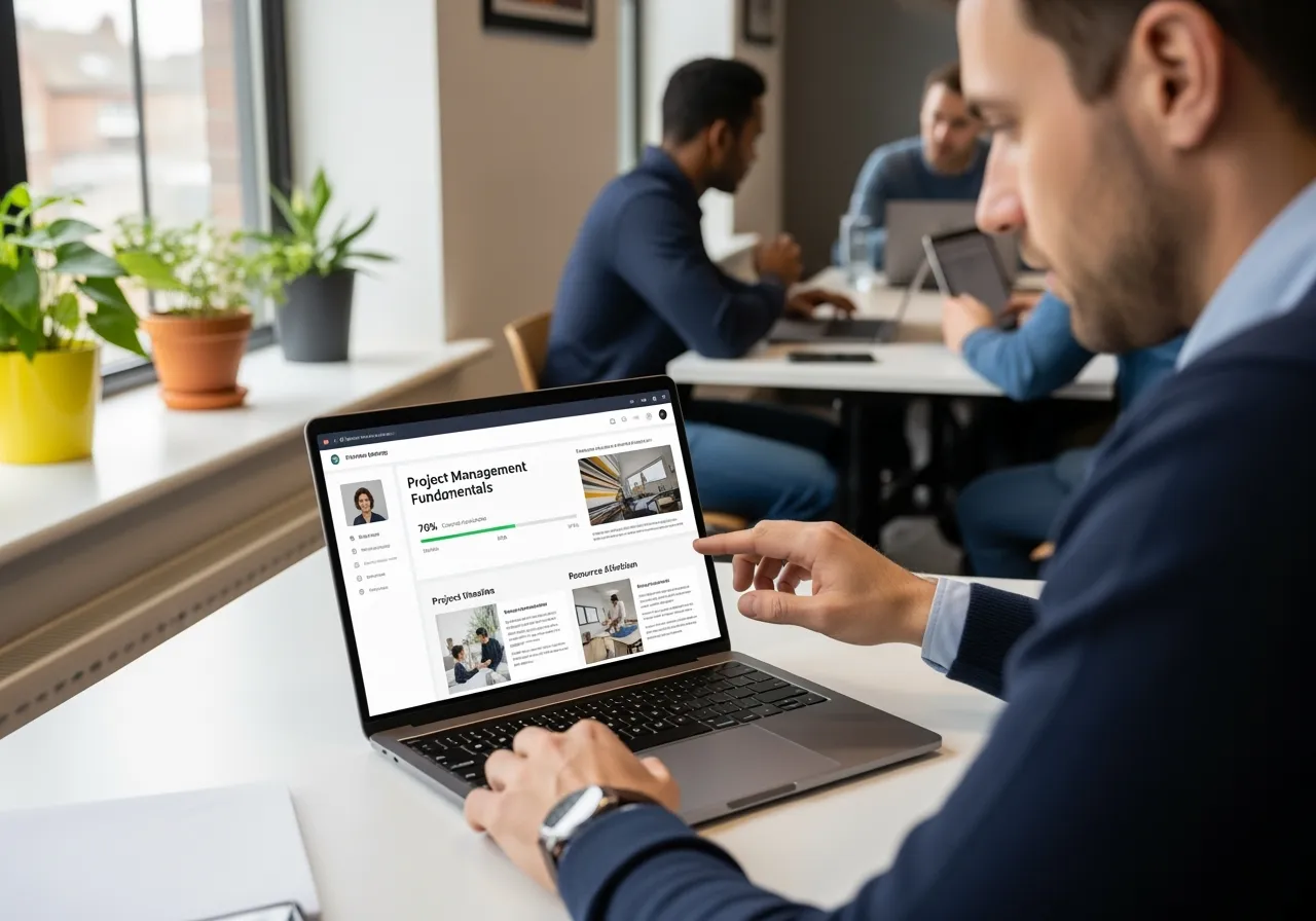 An employee participating in a training workshop, actively engaging with a digital learning platform - employee survey questions